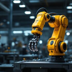 A photograph of a sleek industrial robotic arm in action within a modern manufacturing environment
