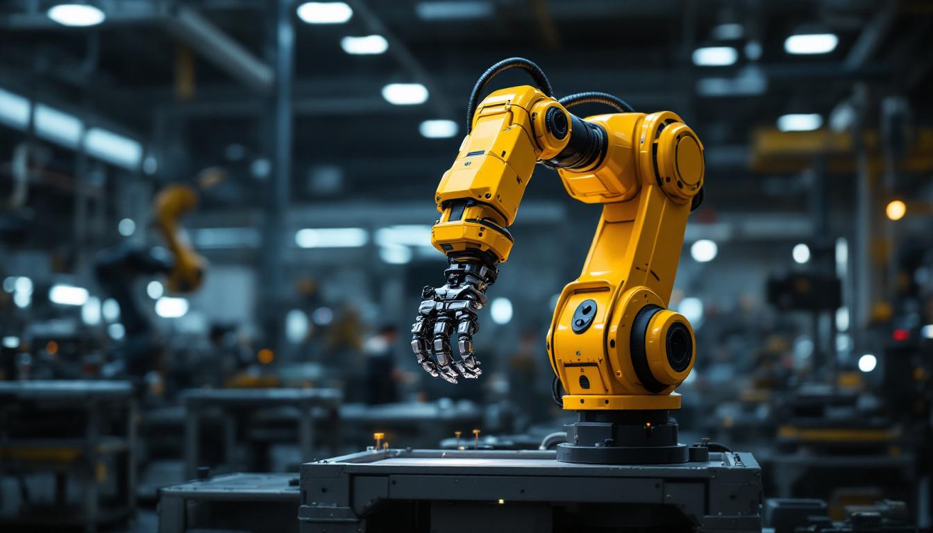 A photograph of a sleek industrial robotic arm in action within a modern manufacturing environment