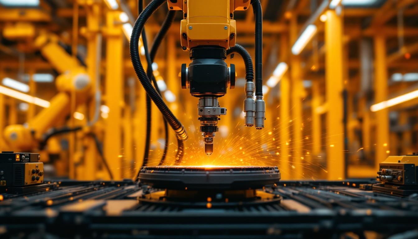 A photograph of a dynamic industrial robotic arm in action within a high-tech laboratory setting at boston university