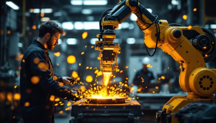 A photograph of a skilled technician operating an industrial robot equipped with flame manipulation technology