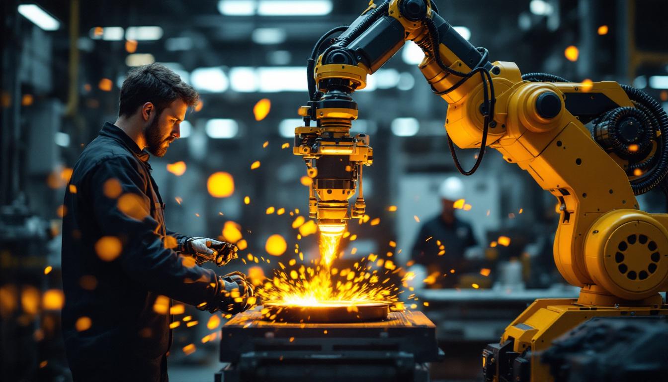 A photograph of a skilled technician operating an industrial robot equipped with flame manipulation technology