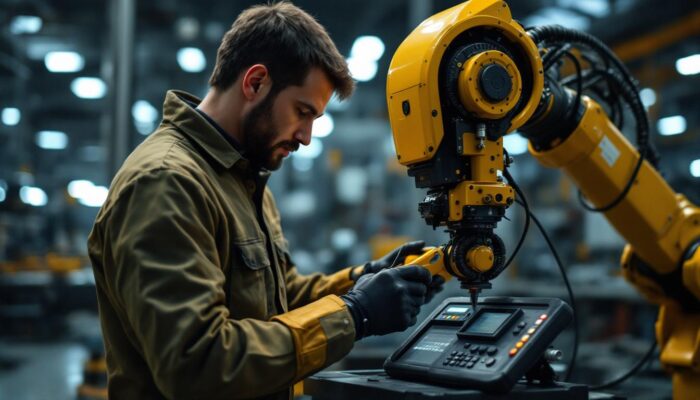 A photograph of a skilled technician using a trailer diagnostic tool on an industrial robotic arm