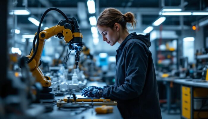A photograph of a biomedical engineer working with advanced industrial robotic equipment in a modern lab setting