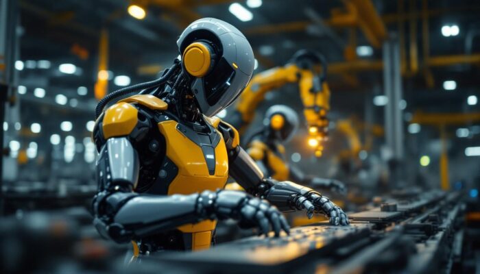 A photograph of a sleek industrial robot in action within a manufacturing setting