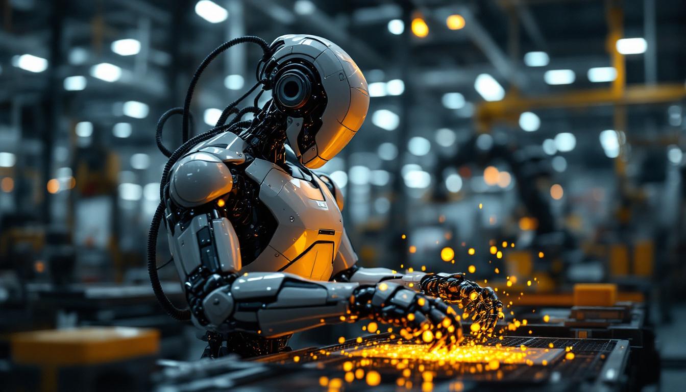 A photograph of a sleek industrial robot in action within a manufacturing environment