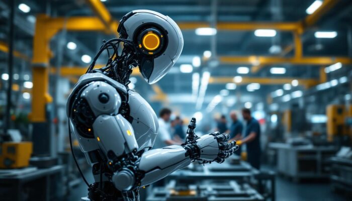 A photograph of a sleek industrial robot in action within a manufacturing environment