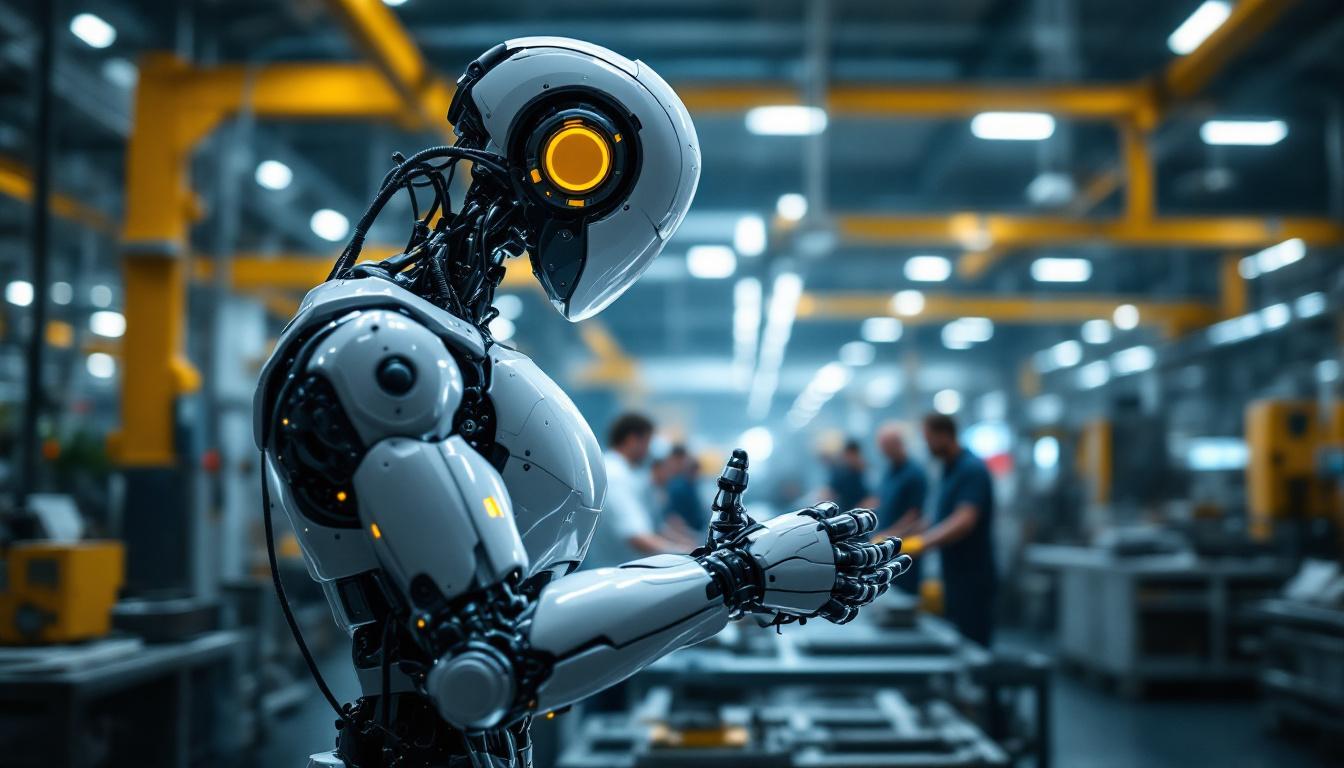 A photograph of a sleek industrial robot in action within a manufacturing environment