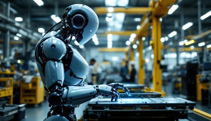 A photograph of a sleek industrial robot in action within a modern manufacturing facility