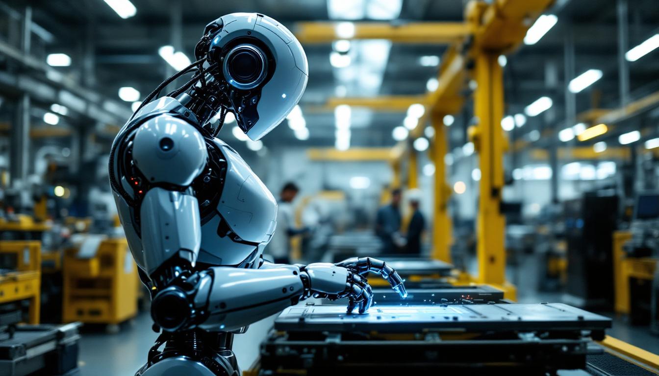 A photograph of a sleek industrial robot in action within a modern manufacturing facility