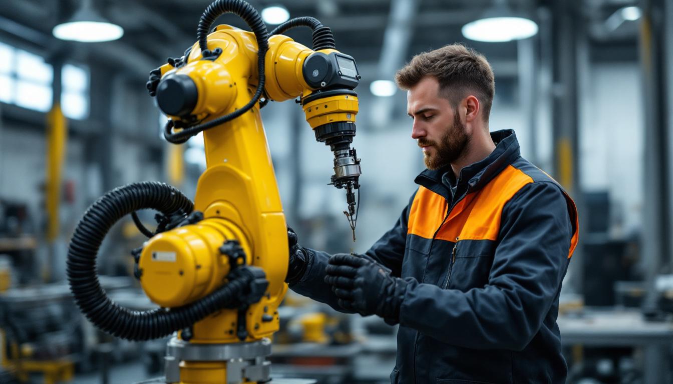 A photograph of a skilled technician operating an industrial robotic arm in a modern inspection facility