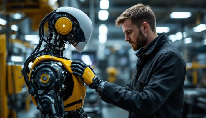 A photograph of a robotics engineer working hands-on with an industrial robot in a modern manufacturing environment