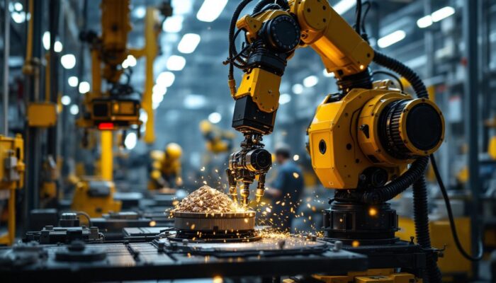 A photograph of a modern industrial robot in action