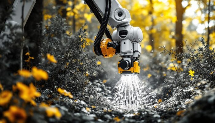 A photograph of a sleek industrial robotic arm in action