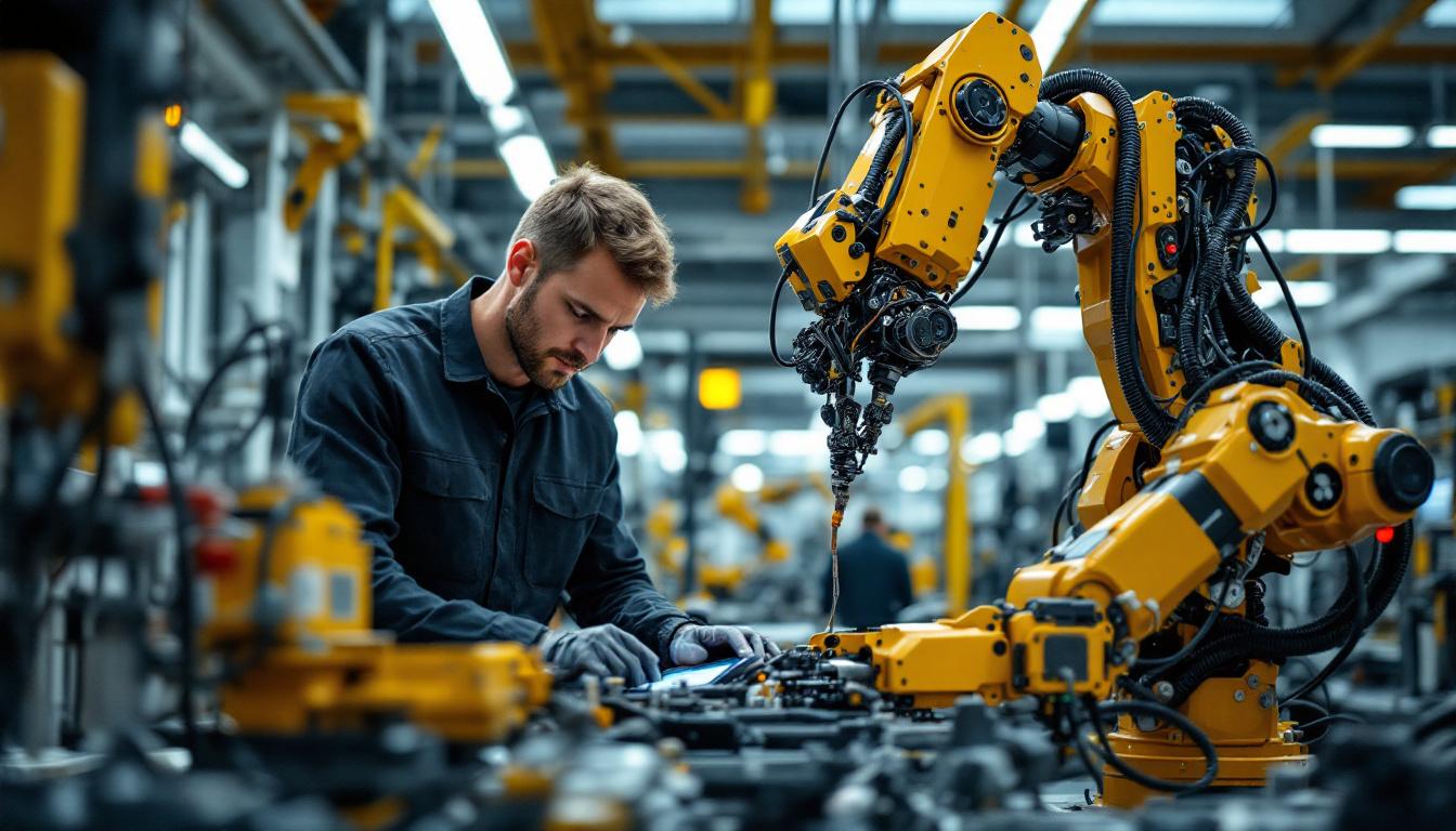 A photograph of a principal electrical engineer working on the programming and maintenance of an industrial robot in a modern manufacturing environment
