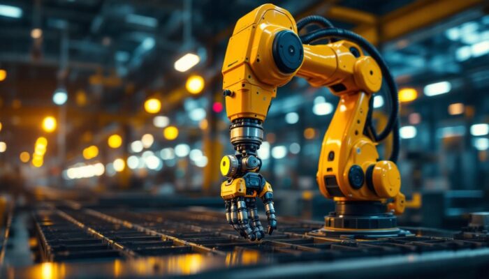A photograph of a compact yet powerful industrial robot in action