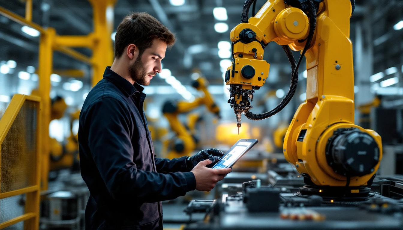 A photograph of a skilled technician programming or operating an industrial robotic arm in a modern manufacturing facility