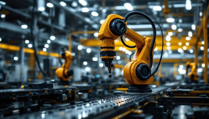 A photograph of a sleek industrial robotic arm in action