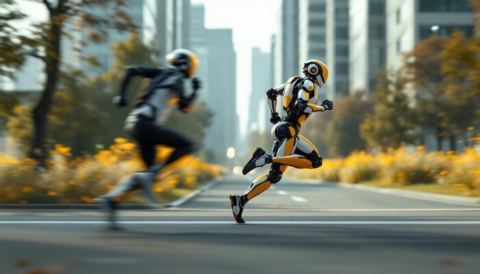 A photograph of a dynamic scene featuring a human runner sprinting at full speed alongside a sleek