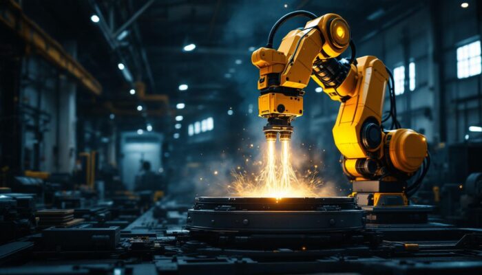 A photograph of a powerful industrial robot lifting a heavy load