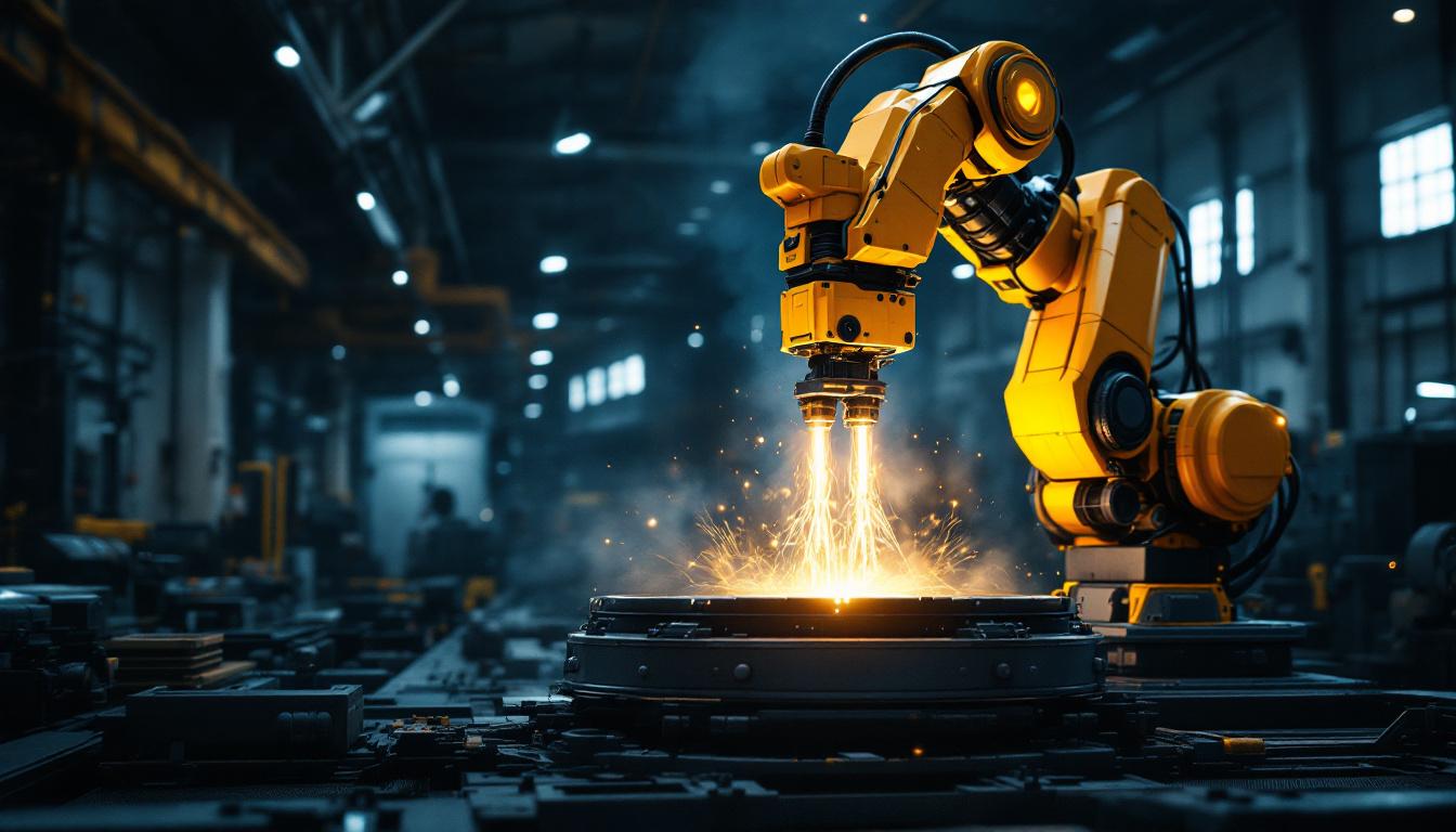 A photograph of a powerful industrial robot lifting a heavy load