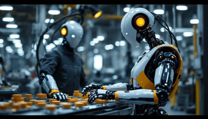 A photograph of a sleek industrial robot in action within a manufacturing environment