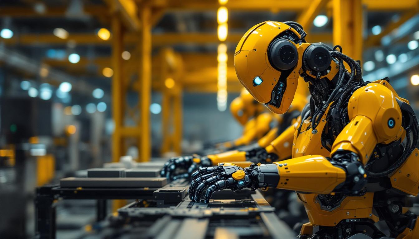 A photograph of a sleek industrial robot in action within a manufacturing environment