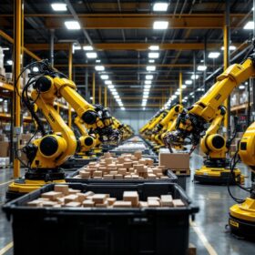 A photograph of a dollar general distribution center featuring industrial robots in action