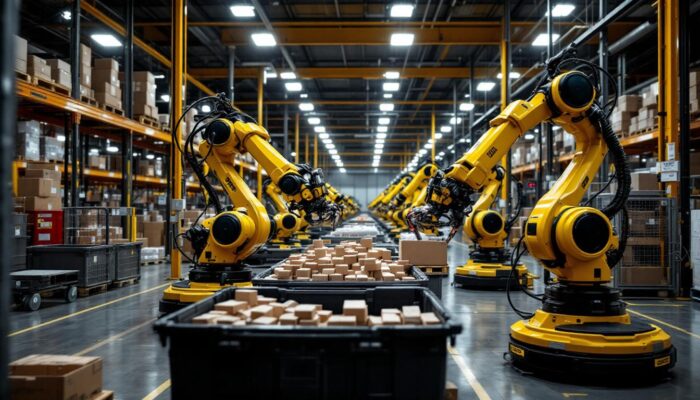 A photograph of a dollar general distribution center featuring industrial robots in action