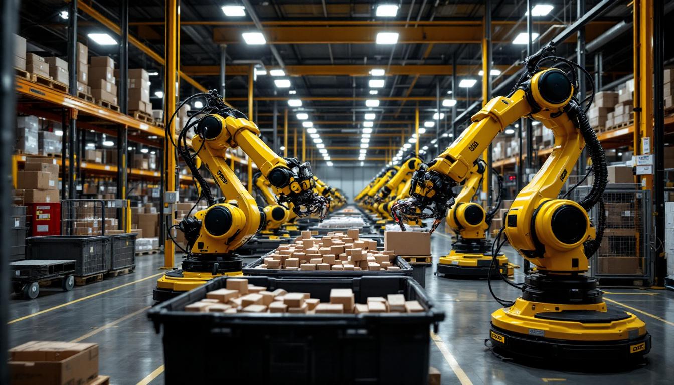 A photograph of a dollar general distribution center featuring industrial robots in action