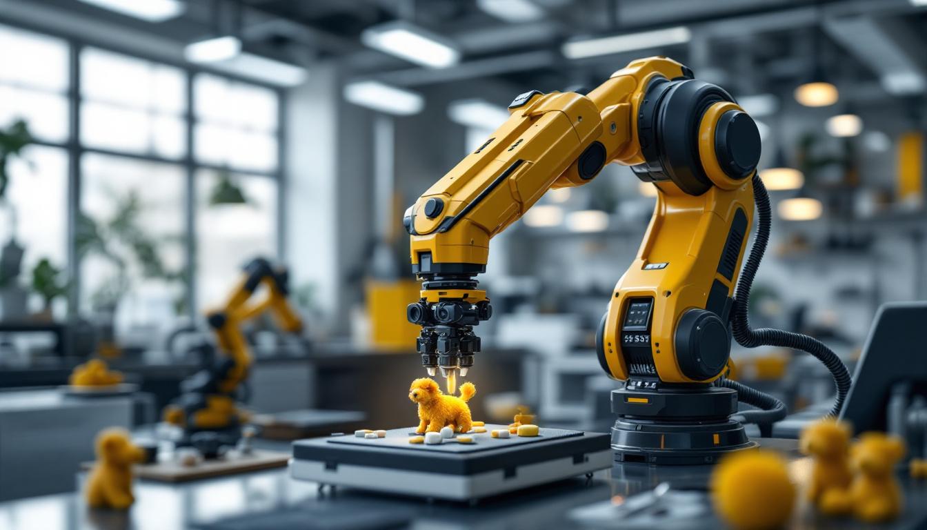 A photograph of a sleek industrial robotic arm in action within a modern lab environment