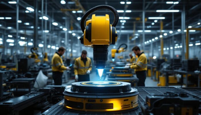 A photograph of a sleek industrial robotic scanner in action within a manufacturing environment