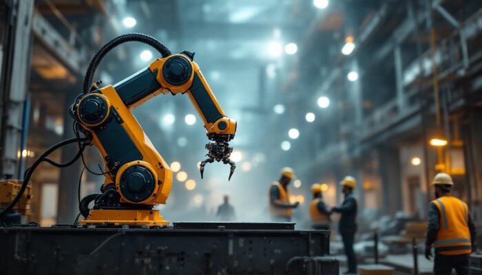 A photograph of a sleek industrial robotic arm in action at a construction site
