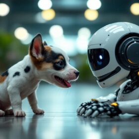 A photograph of a playful dog with distinctive spots interacting with a sleek industrial robot in a vibrant