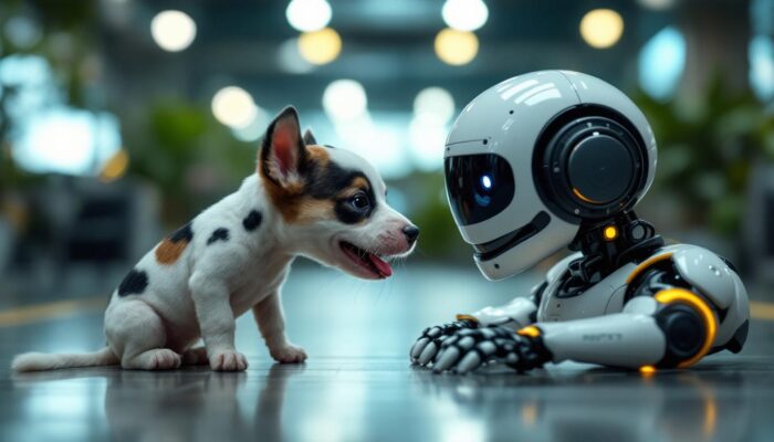 A photograph of a playful dog with distinctive spots interacting with a sleek industrial robot in a vibrant