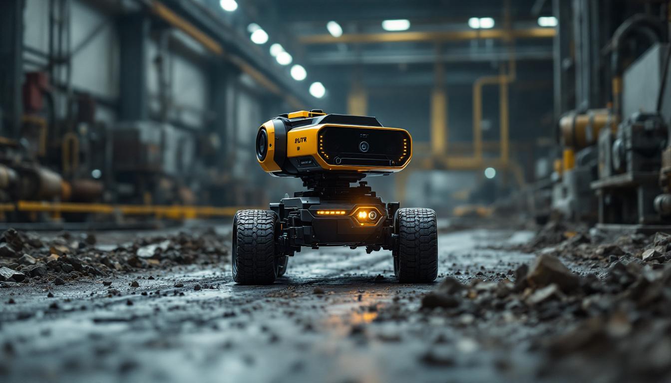A photograph of capture a photograph of an autonomous rover navigating a rugged industrial environment