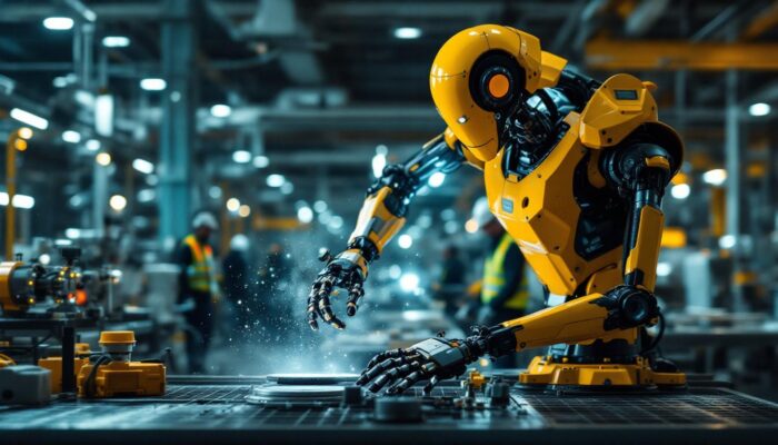 A photograph of a sleek industrial robot in action within a manufacturing environment