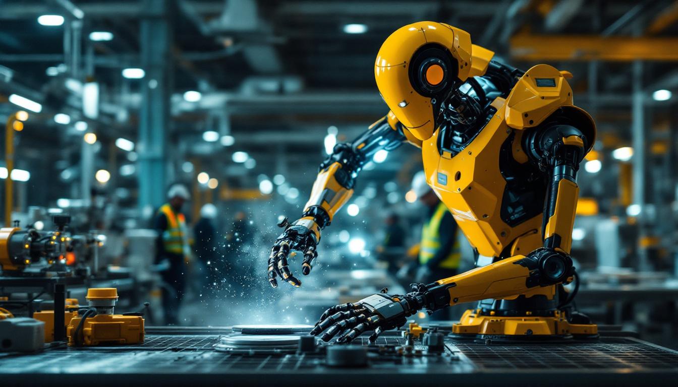 A photograph of a sleek industrial robot in action within a manufacturing environment