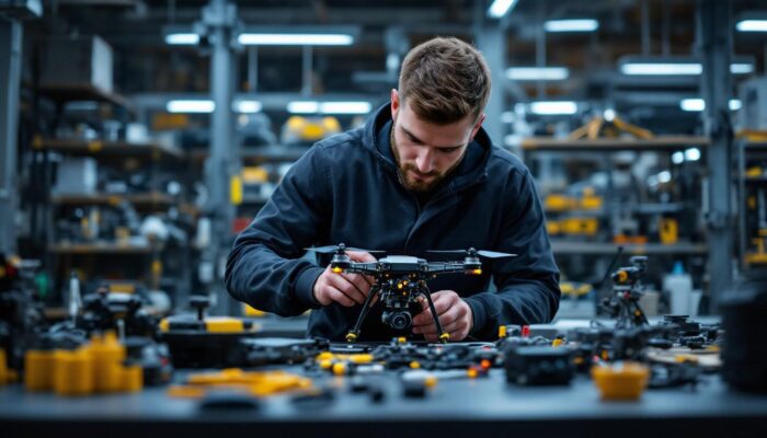 A photograph of a skilled technician assembling a mini drone kit in a modern workshop