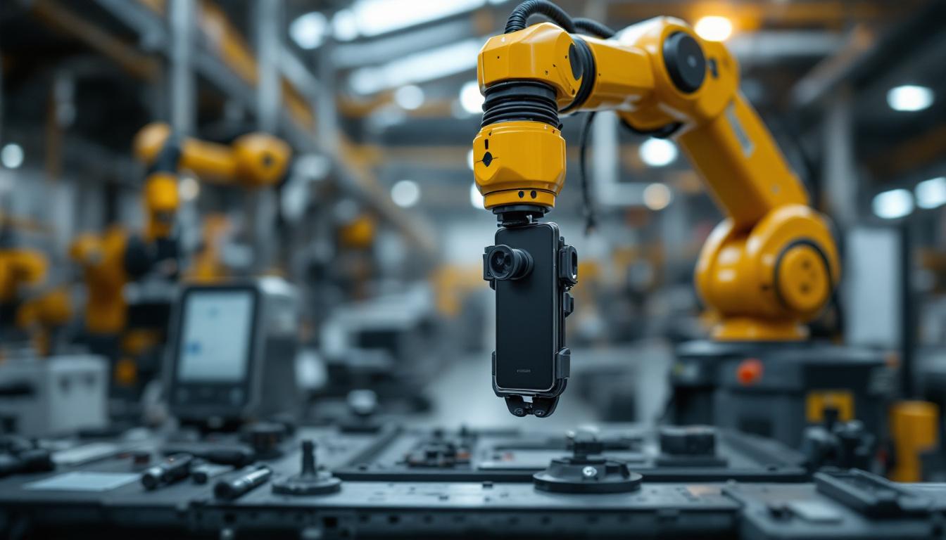 A photograph of a close-up shot of an industrial robotic arm securely holding a bolt-on phone mount