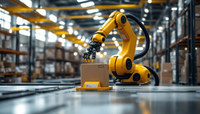 A photograph of a sleek industrial robotic arm in action within a modern houston warehouse