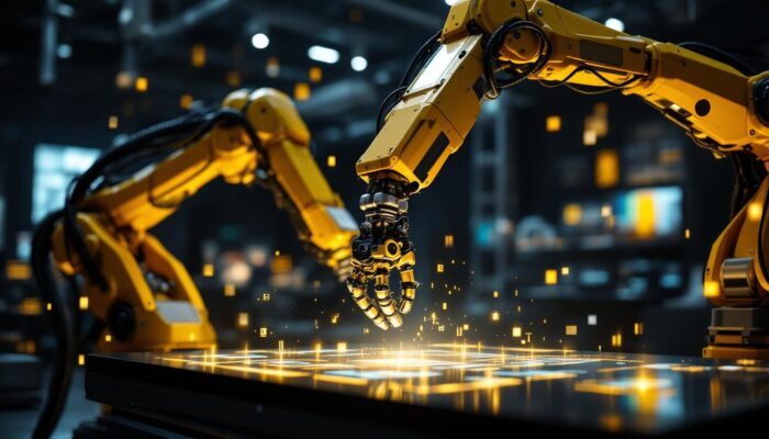 A photograph of a dynamic industrial robotic arm in action at the museum of the moving image