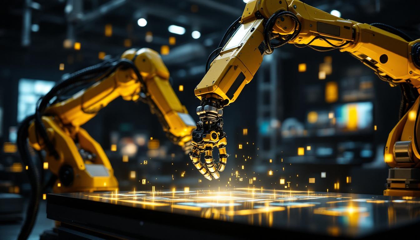 A photograph of a dynamic industrial robotic arm in action at the museum of the moving image