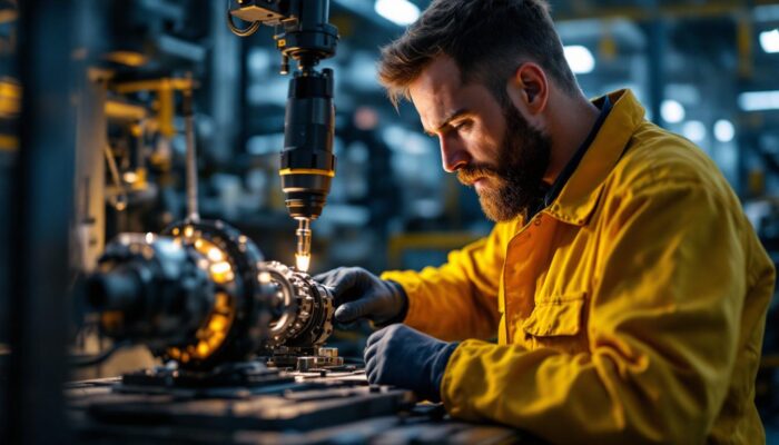 A photograph of a skilled technician using a digital inspection camera to examine intricate machinery components in an industrial setting