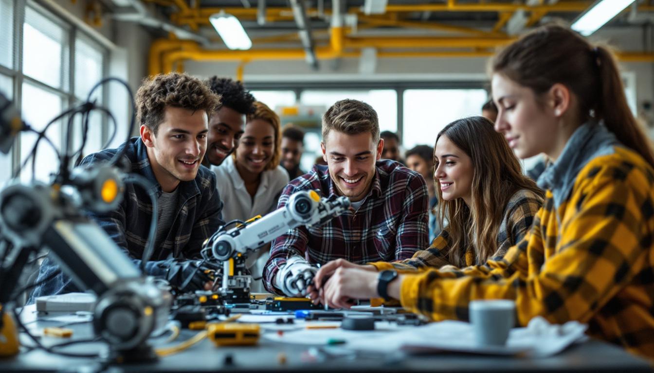 A photograph of a diverse group of high school students engaged in a hands-on medical robotics workshop