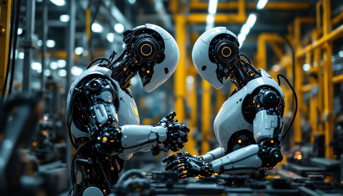 A photograph of a sleek industrial robot in action within a manufacturing environment