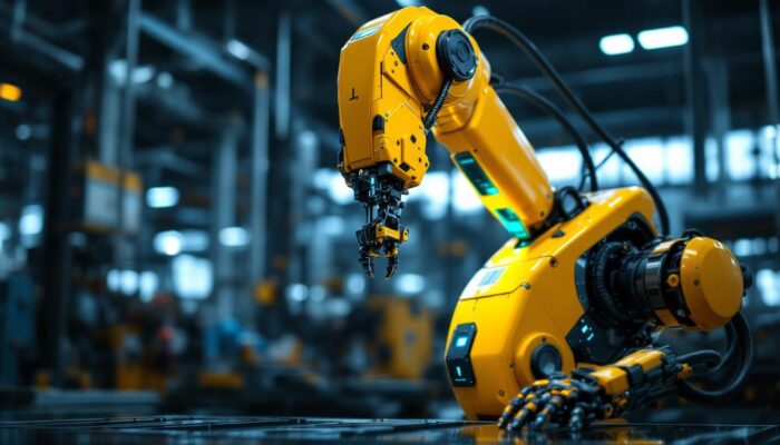 A photograph of a vibrant yellow industrial robot in action within a factory setting