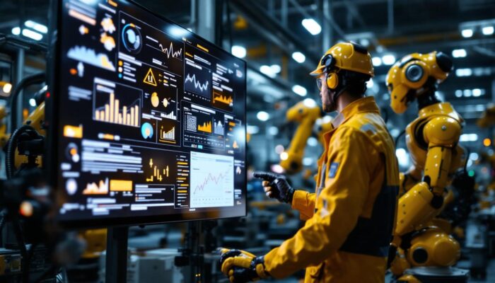 A photograph of a skilled business intelligence engineer analyzing data on a large screen