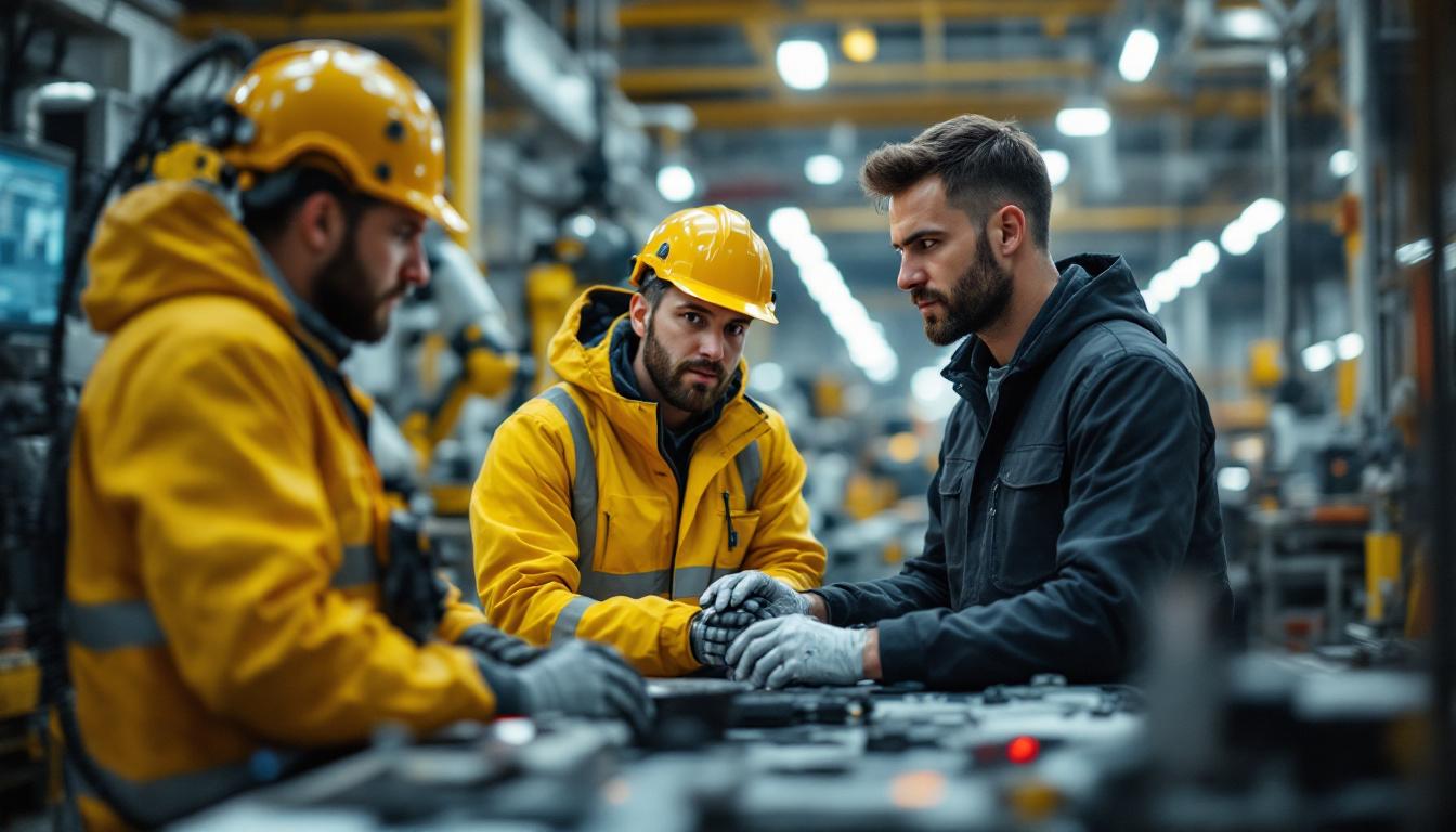 A photograph of a skilled program manager overseeing a team of engineers as they collaborate on programming an industrial robot