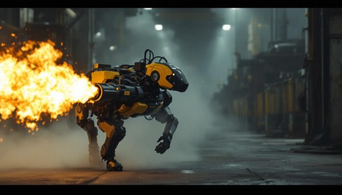 A photograph of capture a photograph of boston dynamics' robotic dog in an industrial setting