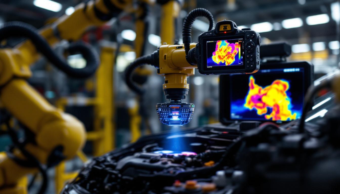 A photograph of a thermal camera mounted on a robotic arm inspecting a car's engine